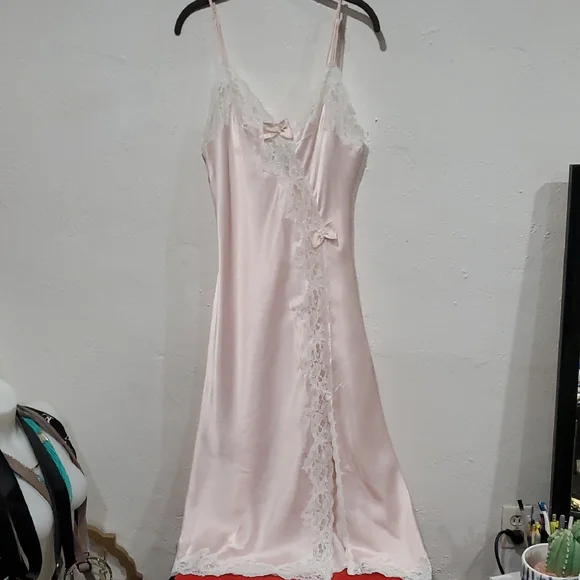 Vintage Christian Dior Elegant Pink Satin Nightgown With Asymmetrical Lace & Bow - Picture 1 of 16